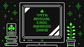 An image of a computer in a bit style. The computer has text on the screen which reads "49th Annual CADC Awards Show"
