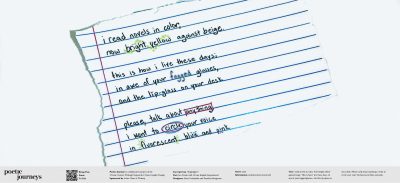 Ava Venuk Highlighter (excerpt) I read novels in color, Now bright yellow against beige. This is how I live these days; In awe of your fogged glasses, And the lip-gloss on your desk. Please, talk about anything, I want to circle your voice In fluorescent blue and pink.